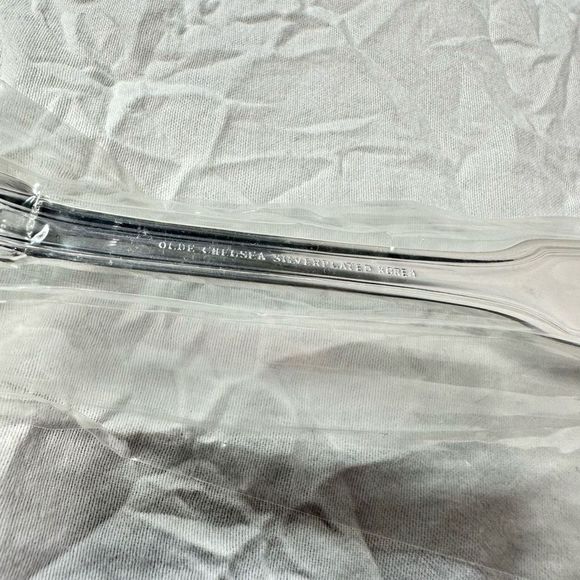 Vtg Olde Chelsea Pattern Silverplated 6 Dinner Spoons + Round Spoon in Plastic - Picture 13 of 15